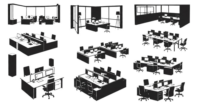 Logistics Operations Office Workspace Vector Set Modern Corporate Desk Layout Collection