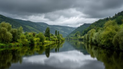 Obraz premium Serene River Landscape with Lush Greenery and Dramatic Cloudy Sky Reflecting in Calm Waters of a Tranquil Valley in Nature's Bounty