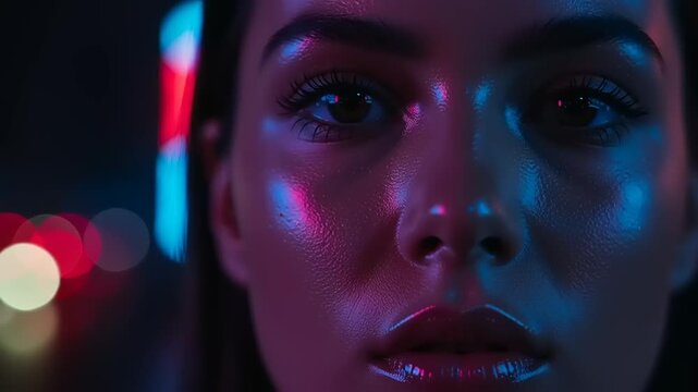 Closeup of a Womans Face with Neon Lights.