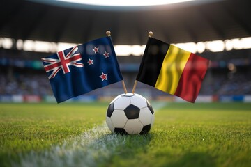 Naklejka premium New Zealand and Belgium national flags stand proudly next to a soccer ball on a green stadium field