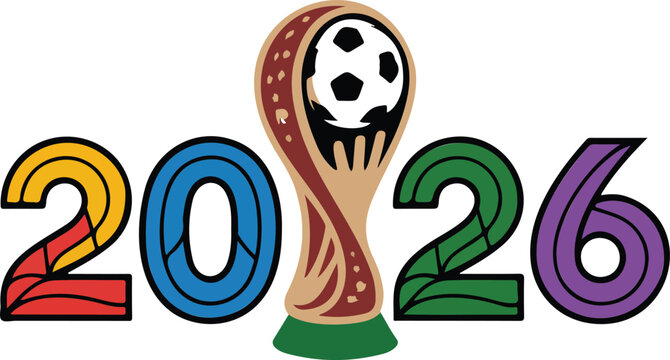Professional 2026 soccer world championship tournament vector logo featuring colorful numbers gold trophy cup and football for sports event promotion and international fan celebration graphic designs