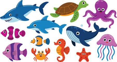 Cute sea animal vector set featuring shark whale dolphin octopus turtle crab and fish for kids nursery decor school education and children aquatic ocean life illustrations © Mousumi