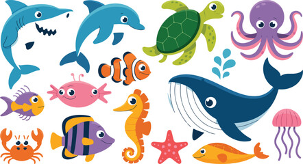 Cute sea animal vector set featuring shark whale dolphin octopus turtle crab and fish for kids nursery decor school education and children aquatic ocean life illustrations © Mousumi