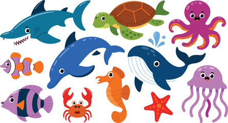Cute sea animal vector set featuring shark whale dolphin octopus turtle crab and fish for kids nursery decor school education and children aquatic ocean life illustrations © Mousumi