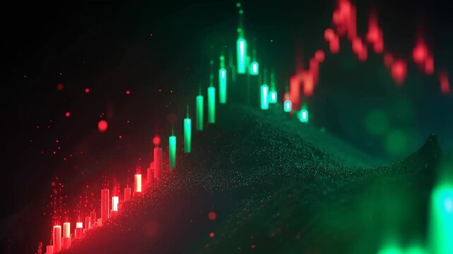 Stock market volatility visualization showing fluctuating prices through red and green candlestick patterns in a dark setting