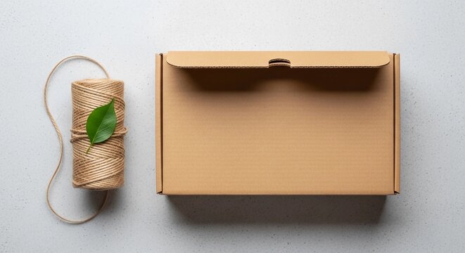 Minimalist flat lay of eco friendly packaging materials with recycled cardboard box and natural twine string