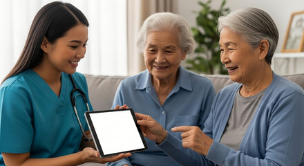 Fototapeta premium Professional Female Nurse Showing Blank Tablet Screen Mockup to Senior Asian Women During Home Care Visit and Medical Consultation.