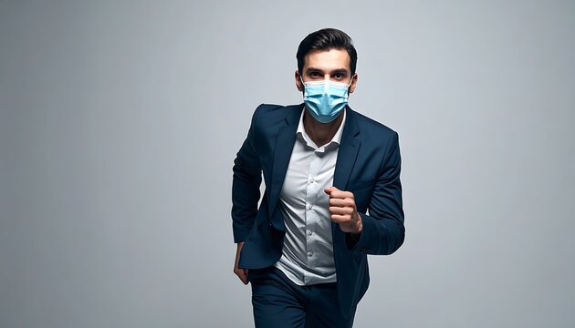 A man in a blue suit and face mask runs towards the camera