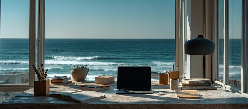 Modern workspace with ocean view and laptop setup.