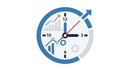 Clock with business growth charts and gears, symbolizing time management and efficiency © berkah