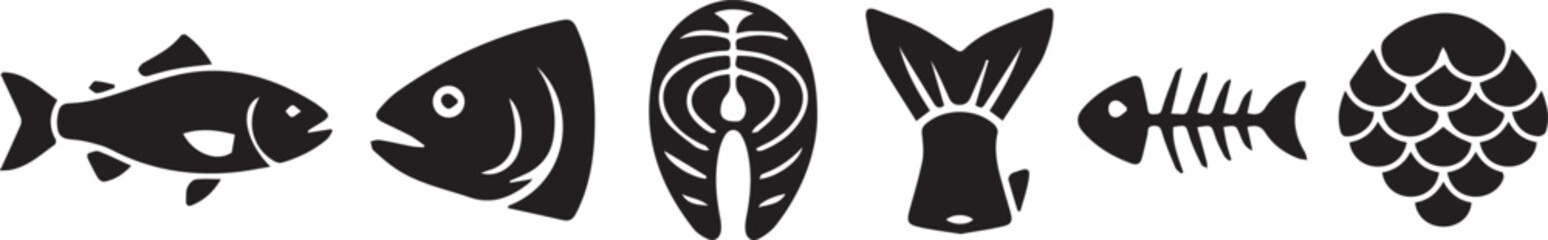 Fish silhouette icon set illustration, seafood anatomy vector, whole head steak tail artwork, skeleton scales design, culinary graphic emblem © MD SAKIB