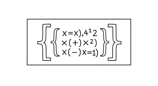 Hand-drawn mathematical equations and algebraic symbols in curly braces