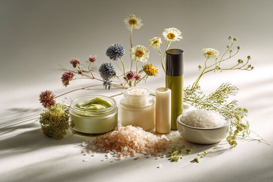 Natural skincare products with flowers and bath salts.