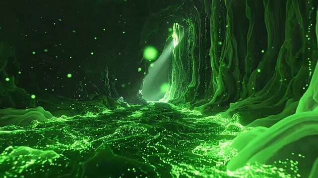 A glowing green cavern with flowing liquid and floating particles