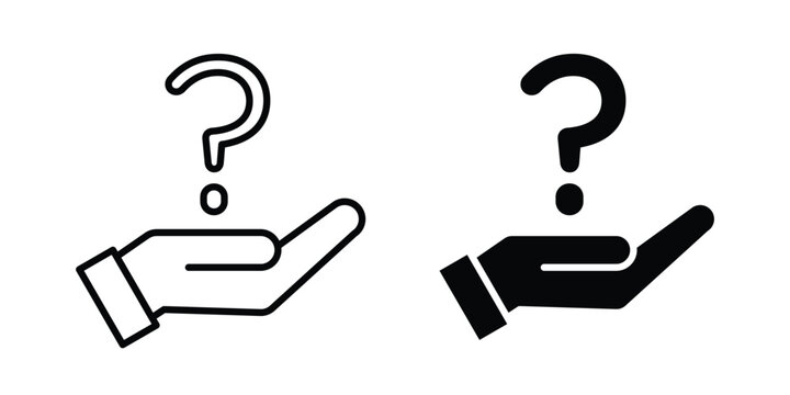 Hand holding question mark icon graphic element set in black linear and clipatrt.