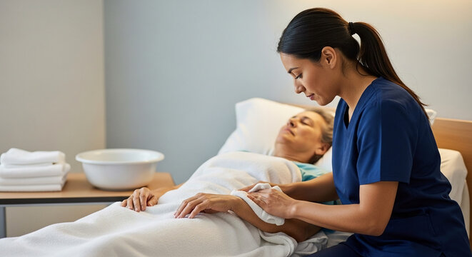 Compassionate female nurse washing the arm of a senior patient in a hospital bed, providing professional bedside hygiene and geriatric healthcare.