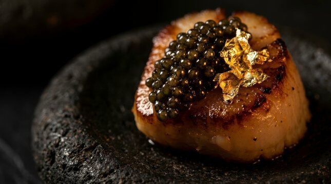 High-end fine dining luxury appetizer featuring perfectly seared scallop topped with black beluga caviar and edible gold leaf on a dark slate plate, premium Michelin star gastronomy concept
