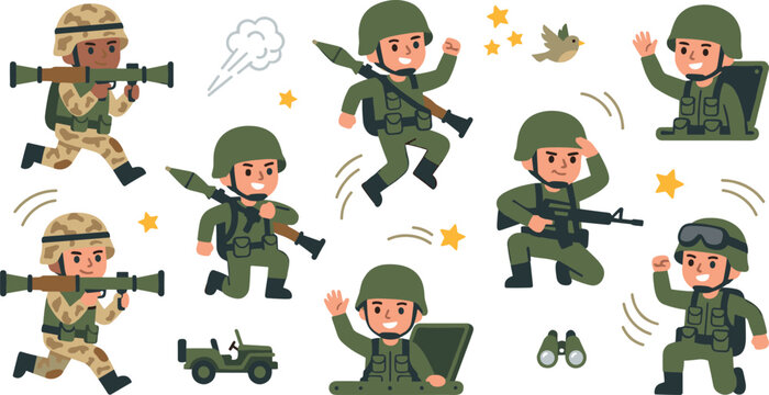 Cute Chibi Military Soldier Cartoon Character Action Set with Army Kids in Camouflage Uniform Holding Bazookas RPGs Rifles and Peeking from Tanks Vector