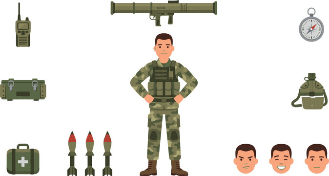 Military Soldier Character Creation Kit with Man in Camouflage Uniform Rocket Launcher Missiles Ammo Crate Walkie Talkie and Facial Expressions Vector