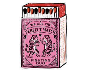 Obraz premium Vintage matchbox illustration, perfect match quote, fighting duo boxing tigers, retro pink matchbook, valentine heart art, apparel design