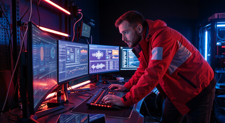 Obraz premium Cybersecurity expert working on data analysis in dark server room. IT specialist monitoring network security