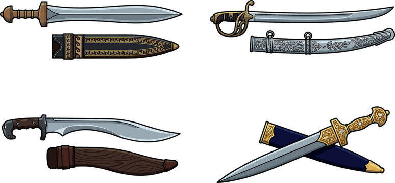 Historical Swords and Daggers Icon Set with Roman Gladius Cavalry Sabre Nepalese Kukri and Ornate Arabic Dagger with Scabbards Vector Illustration