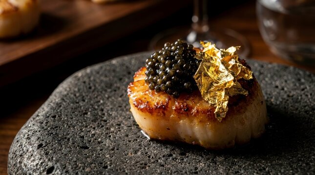 High-end fine dining luxury appetizer featuring perfectly seared scallop topped with black beluga caviar and edible gold leaf on a dark slate plate, premium Michelin star gastronomy concept