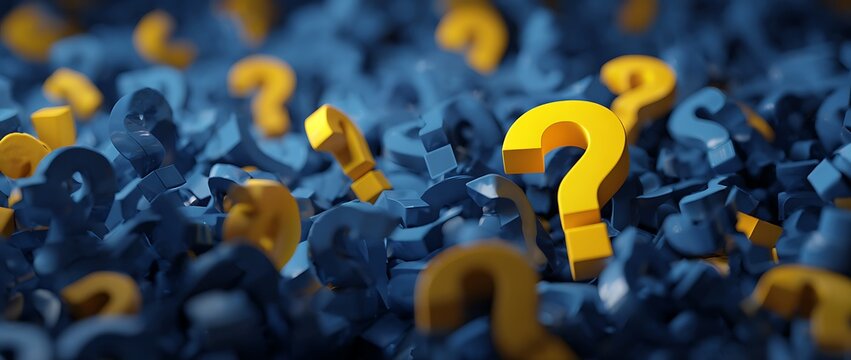 Large pile of dark blue question mark symbols, one golden on top - 3D illustration