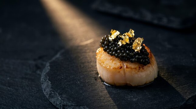 High-end fine dining luxury appetizer featuring perfectly seared scallop topped with black beluga caviar and edible gold leaf on a dark slate plate, premium Michelin star gastronomy concept