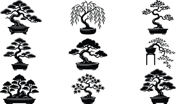 Black Silhouette Japanese Bonsai Tree Pot Twisted Branch Zen Garden Collection Vector Illustration Set