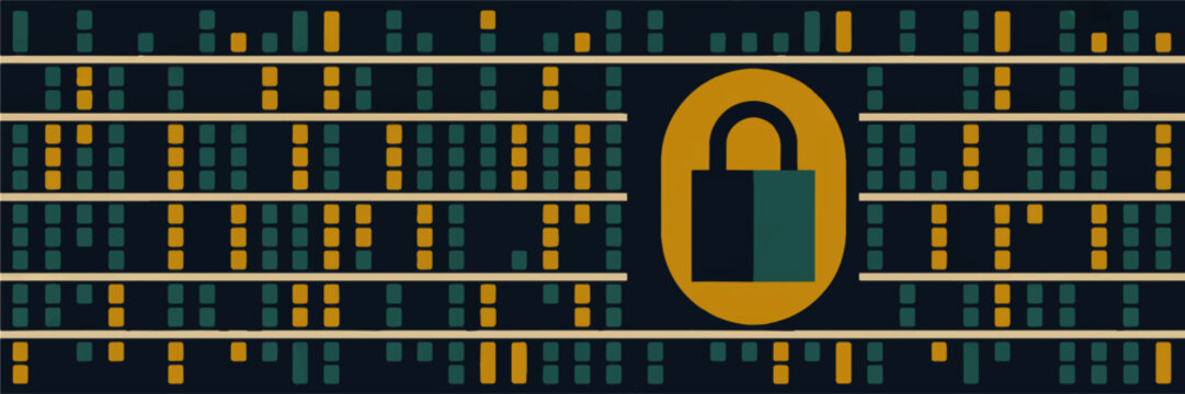 Cybersecurity data protection concept with padlock icon over abstract binary code background in teal and yellow tones