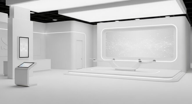 Modern minimalist white exhibition hall with interactive displays and sleek design.
