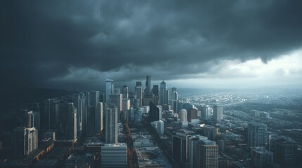 Fototapeta premium Dramatic skyline of a modern city under dark storm clouds with a moody atmosphere showcasing urban life and architectural diversity in the evening light.