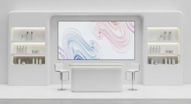Modern minimalist white exhibition booth with large screen and product displays.