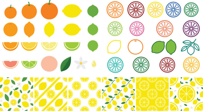 Flat citrus fruit vector icon set and summer lemon seamless pattern collection