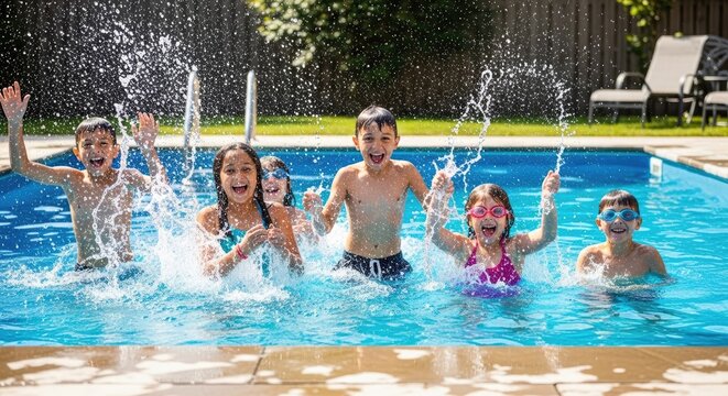 Group of Happy Children Playing and Splashing Water in Swimming Pool