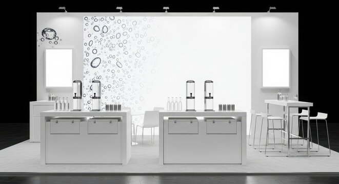 Modern white exhibition booth with beverage dispensers and illuminated displays at a trade show event.