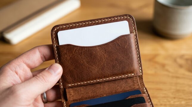 Blank white credit card brown leather wallet stitching card slot