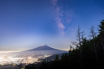 Obraz premium 富士山と河口湖の夜景と天の川 