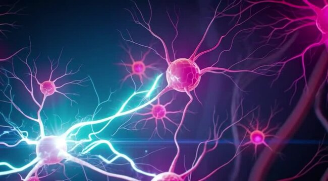 Abstract network of glowing neurons firing with electric impulses in dark space