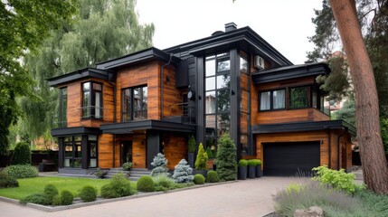 Fototapeta premium Modern luxury house with wood and glass elements surrounded by lush greenery and manicured lawn in a serene suburban neighborhood setting