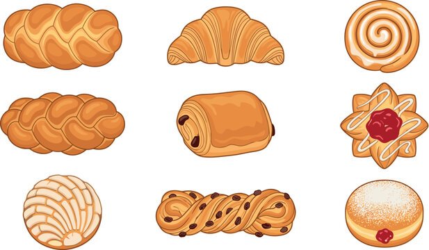 Fresh Bakery Products and Sweet Pastries Icon Set Featuring Croissant Challah Cinnamon Roll Concha Danish Pain Au Chocolat and Jelly Donut Vector