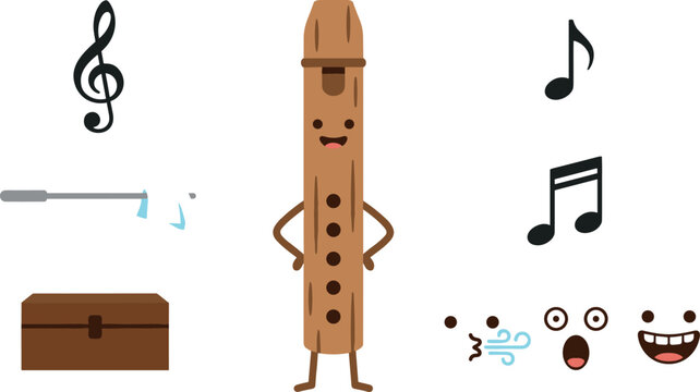 Cute Wooden Flute Recorder Mascot Creation Kit with Custom Emoji Face Expressions Clef Music Notes Cleaning Rod and Case Vector Elements