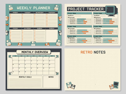 Retro technology planner bundle with weekly, project, monthly overview and notes pages for organization and productivity