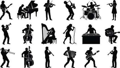 Musician Silhouette Collection Featuring Guitar Piano Drums Violin Singing DJ Jazz and Classical Music Performance Vector Set © Liton