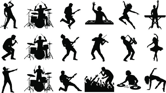 Music Performance and Dance Silhouette Collection Featuring Singers Guitarists DJs Drummers and Live Entertainment Artists
