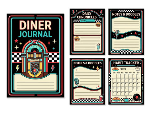 Retro diner journal template bundle for daily chronicles and notes