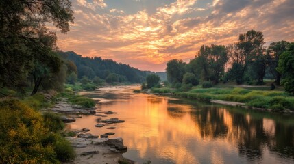 Obraz premium Tranquil Sunset Over Serene River Reflecting Colorful Sky and Lush Greenery in a Peaceful Natural Landscape Scene