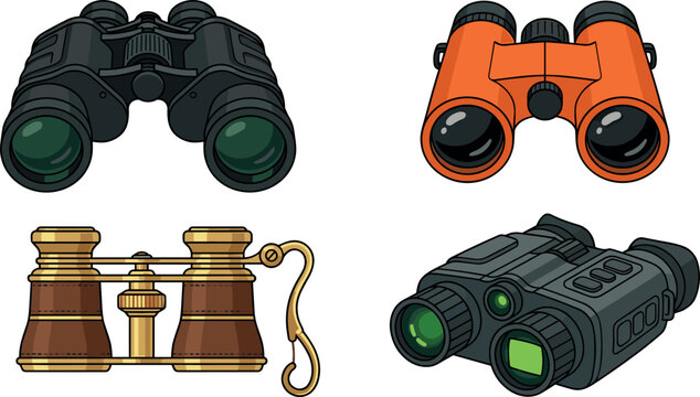Binoculars and Optical Spyglass Icon Set Featuring Military Field Glasses Orange Compact Binoculars Vintage Opera Glasses and Modern Digital Night Vision Device Vector