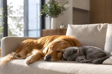 Obraz premium Golden Retriever and Gray Cat Sleeping Together on Sofa